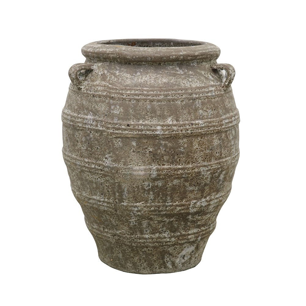 Vintage-style terracotta pot with handles on a white background