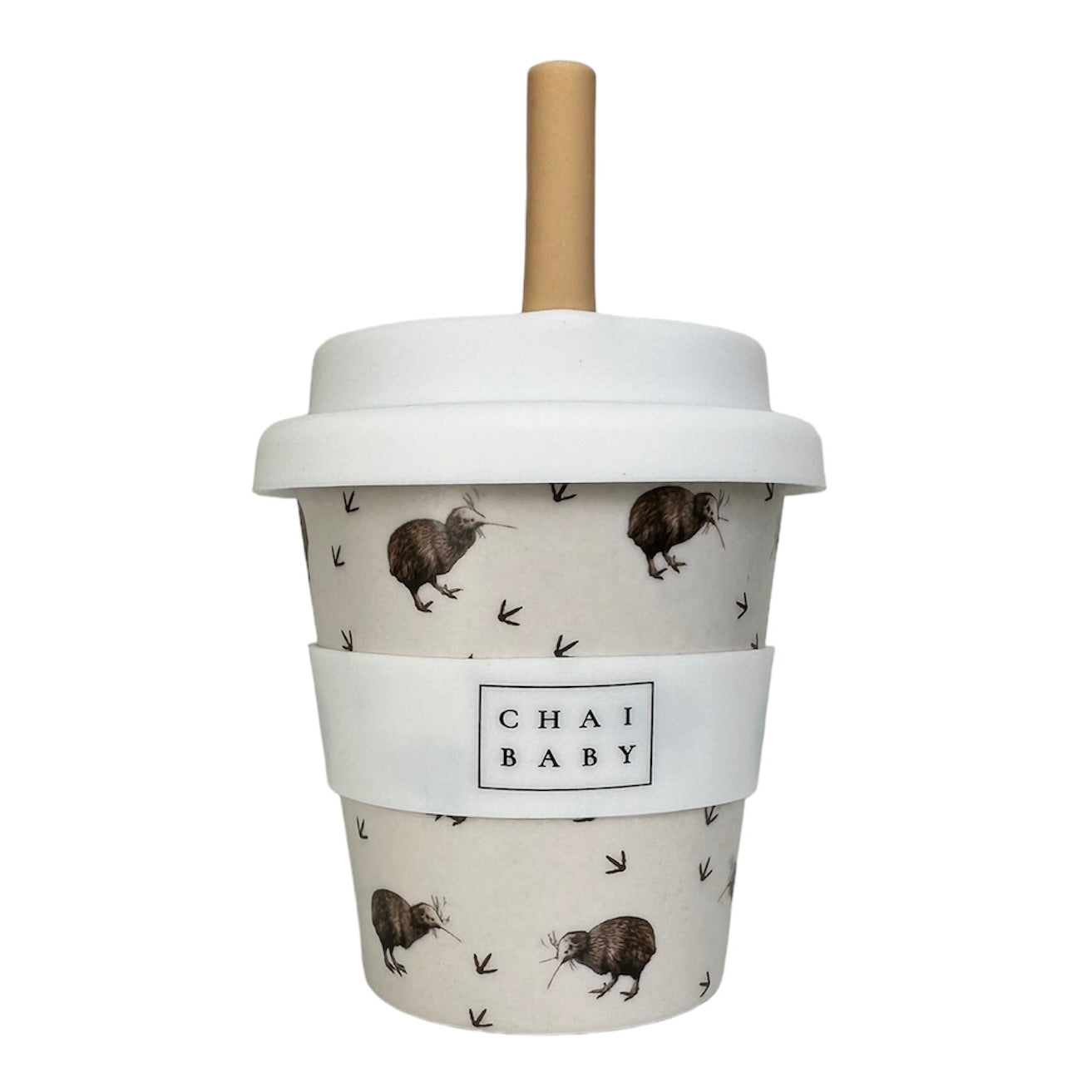 Disposable cup with a straw and 'Chai Baby' branding on a white background