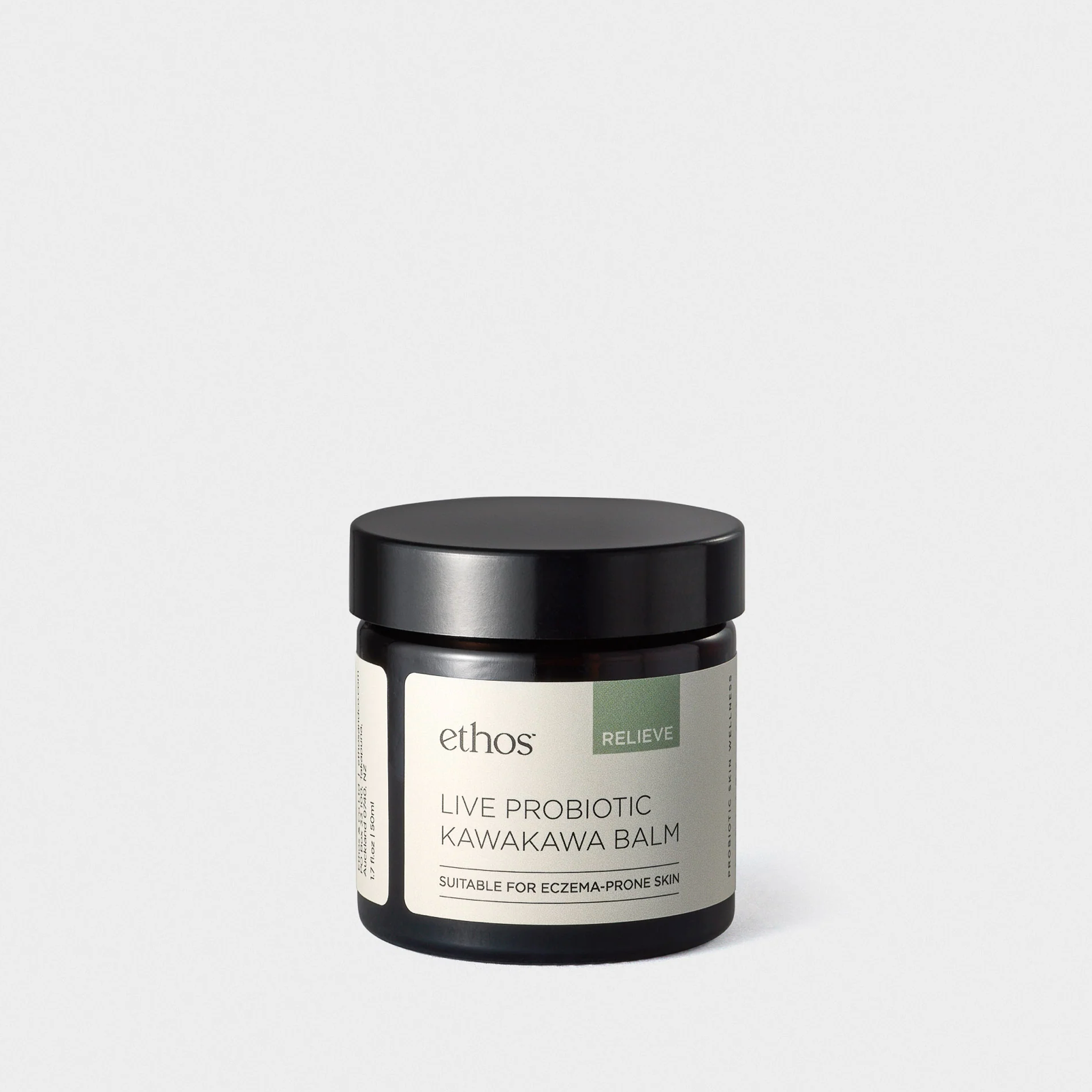 Jar of ethos Live Probiotic Kawakawa Balm on a white background