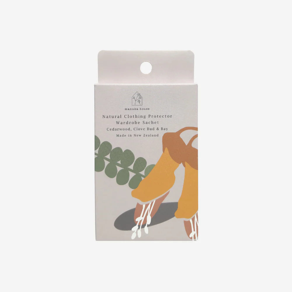 Package of natural clothing protector with a person and plant design on a beige background