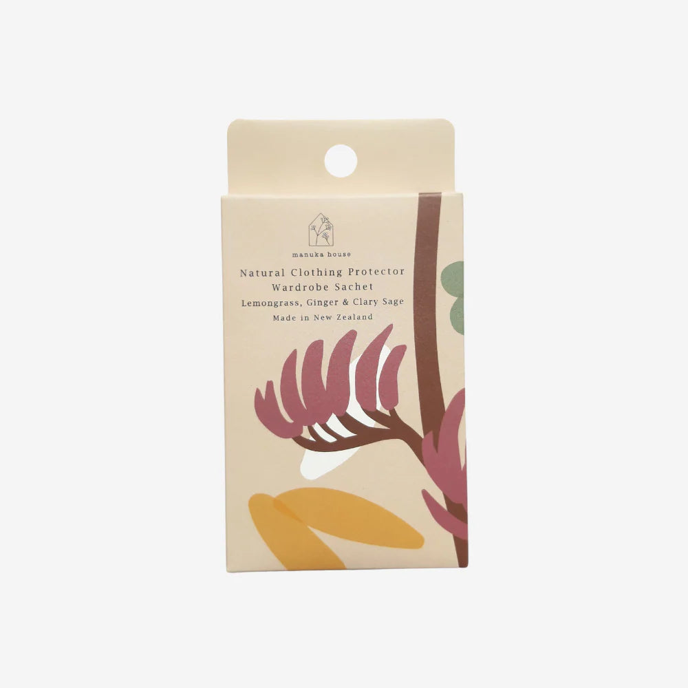 Beige packaging of a natural clothing protector with leaf design on a white background