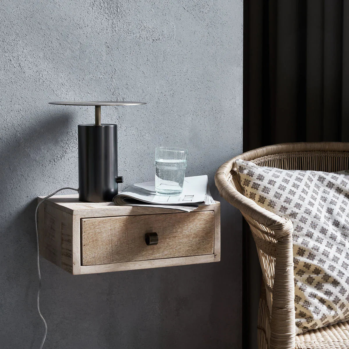Wooden wall-mounted bedside drawer natural colour with a brass pull