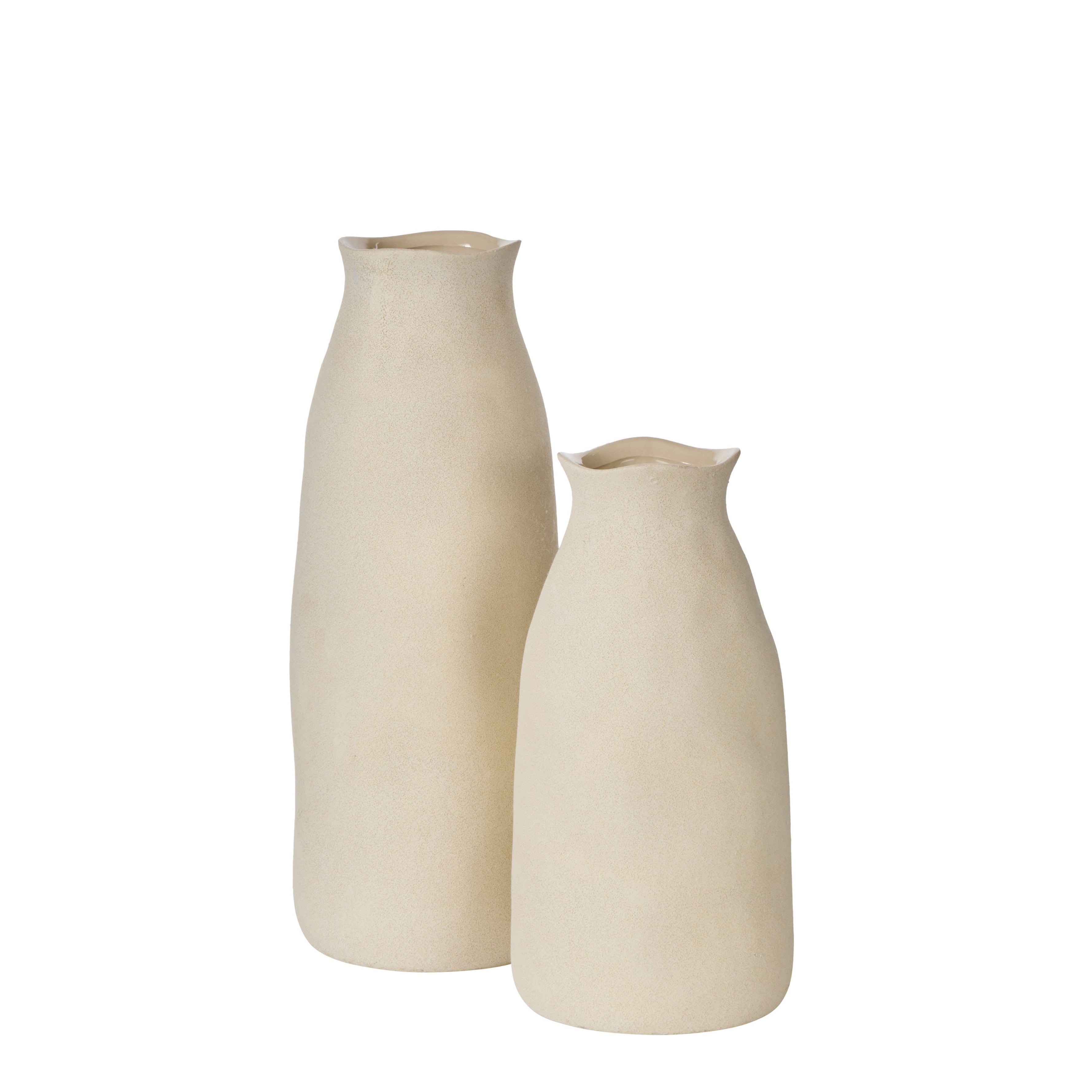 Two beige ceramic vases on a white background