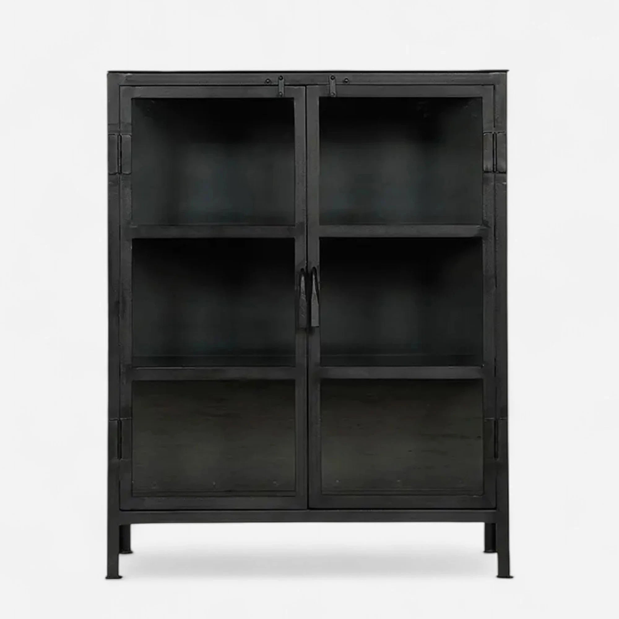 Black metal cabinet with glass doors on a white background