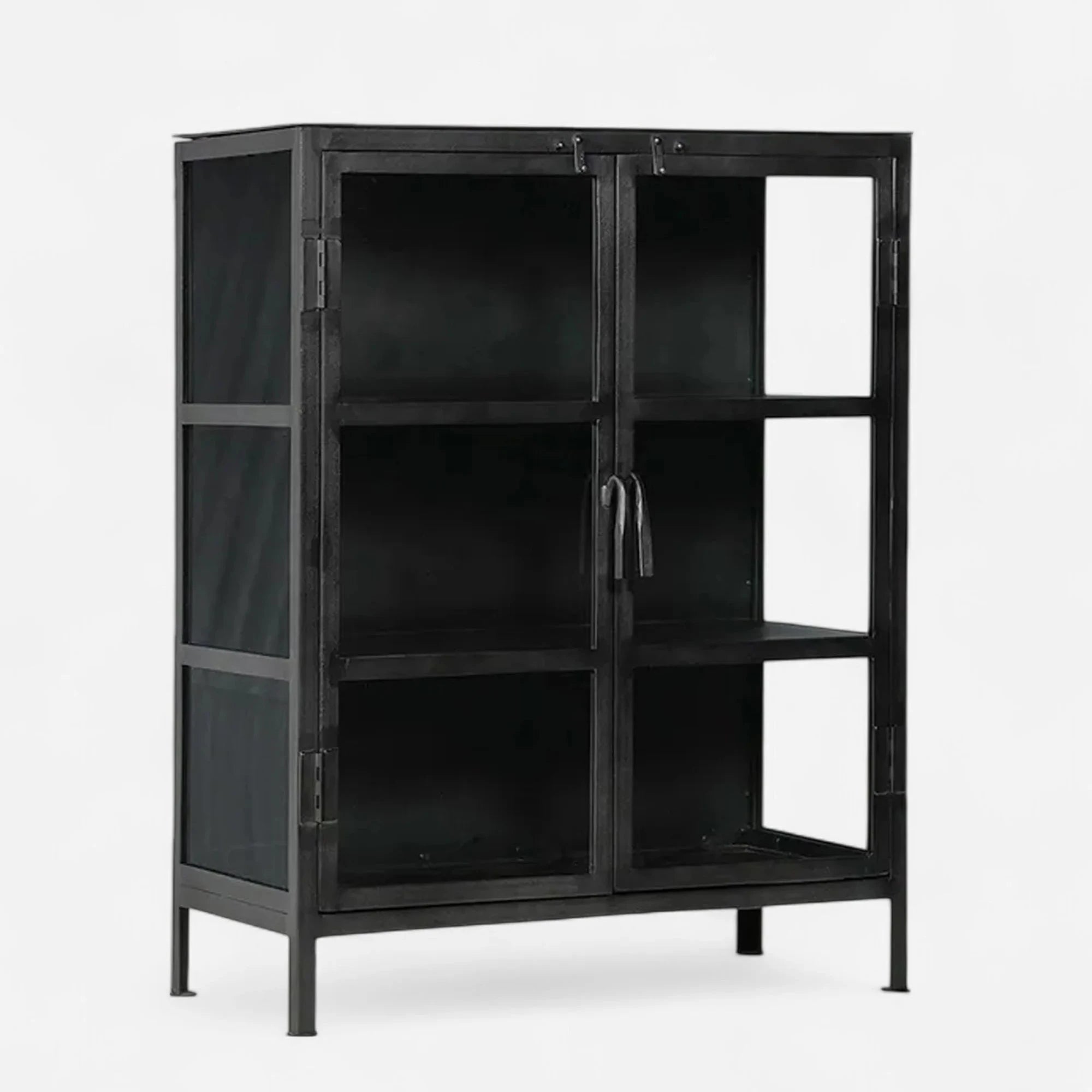 Black metal cabinet with a single door on a white background