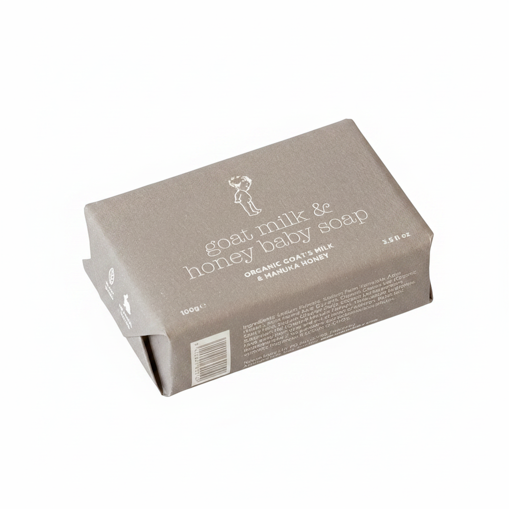 Box of goat milk and honey baby soap on a white background