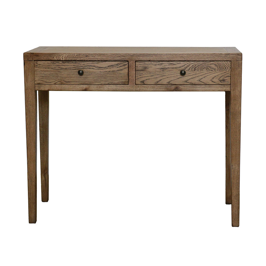 Wooden console table with two drawers on a white background