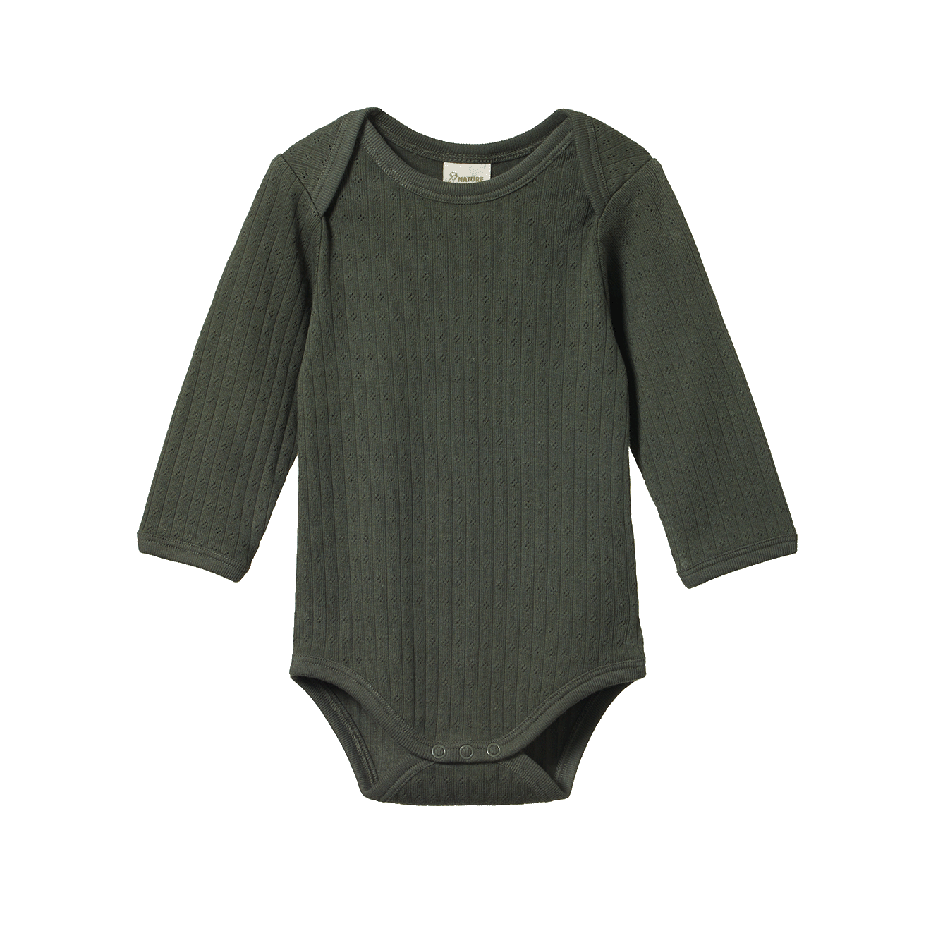 Nature Baby Thyme Pointelle Dark green baby bodysuit with long sleeves on a white background