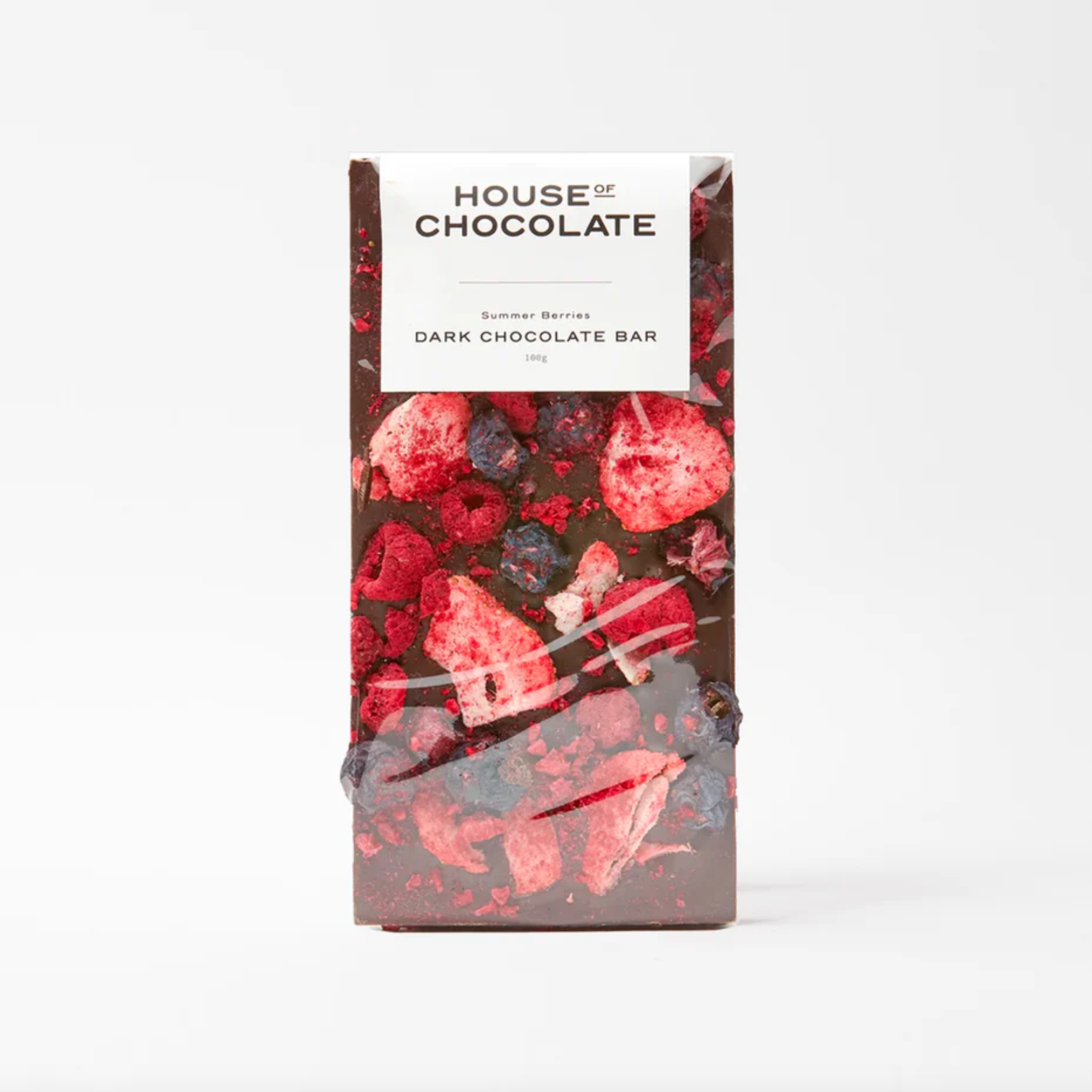 Dark chocolate bar with berry pieces and 'House of Chocolate' branding on a white background
