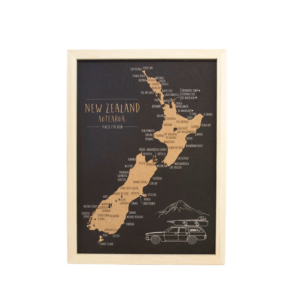 Map of New Zealand cork board with a wooden frame on a white background