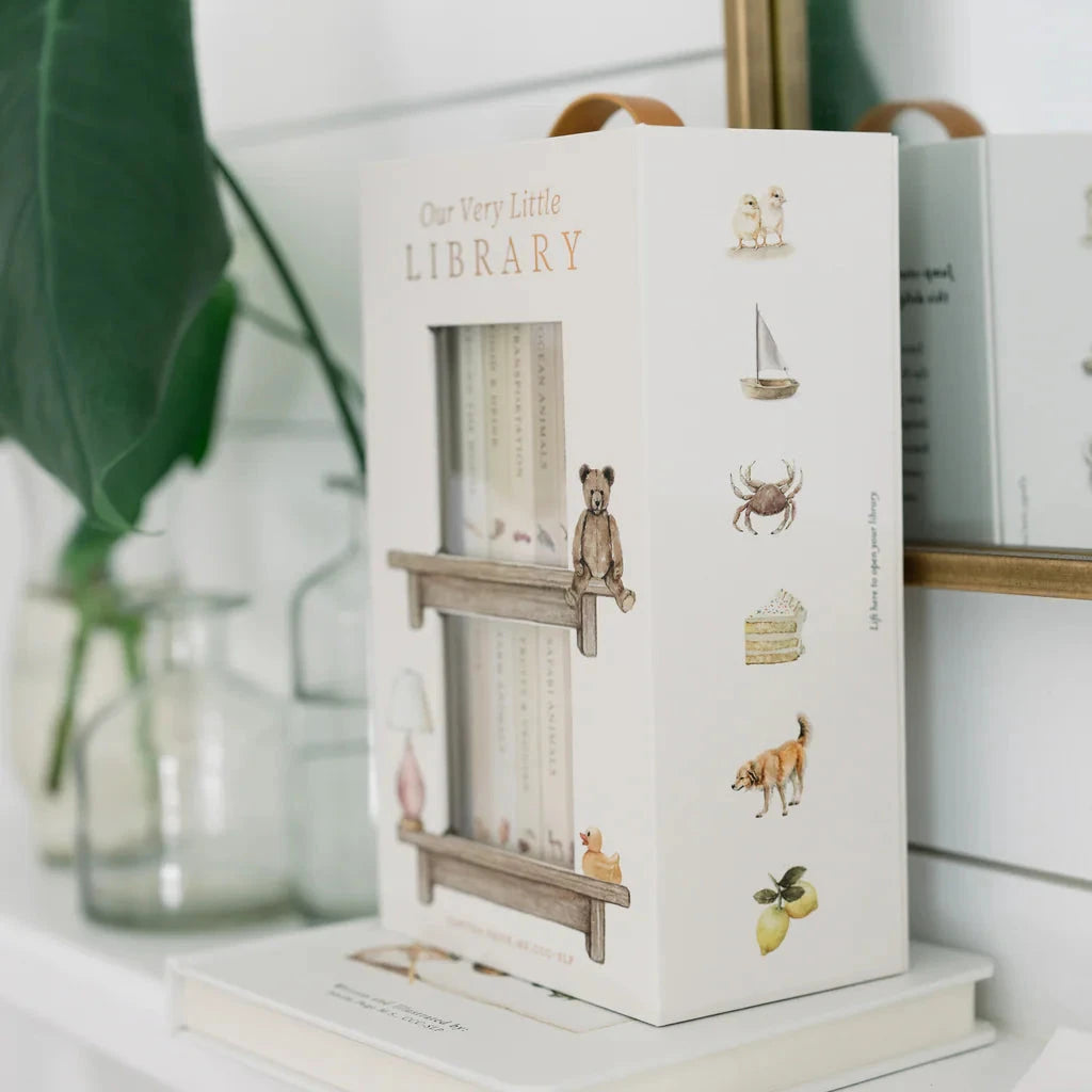 Children's bookshelf with a decorative box labeled 'Our Very Little Library' on a white surface.