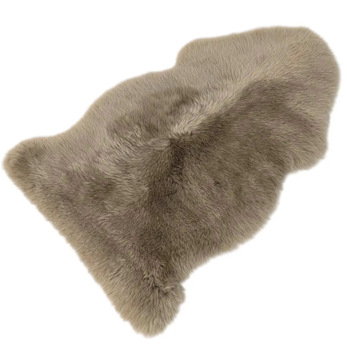 A natural New Zealand sheepskin rug in a warm taupe-gray color, displayed on a clean white background.