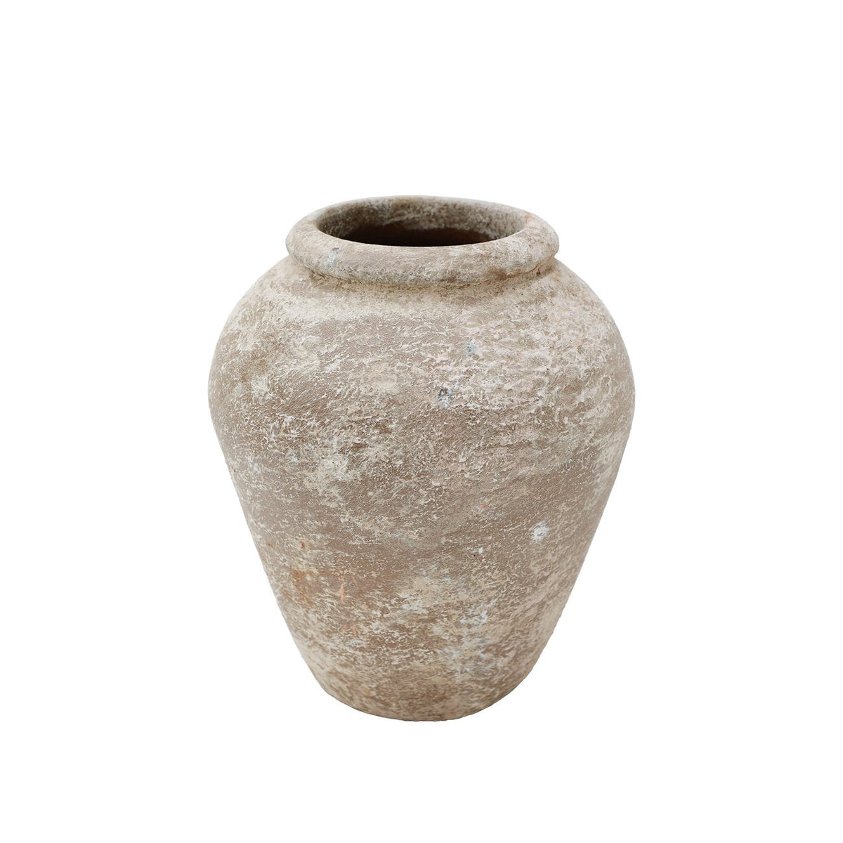 Textured clay vase on a white background