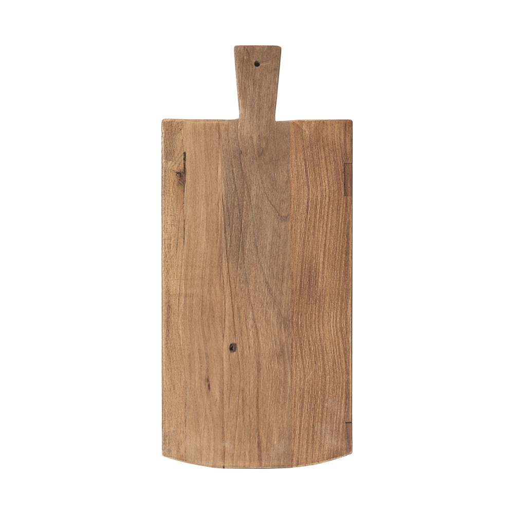 Wooden serving platter with a handle on a white background