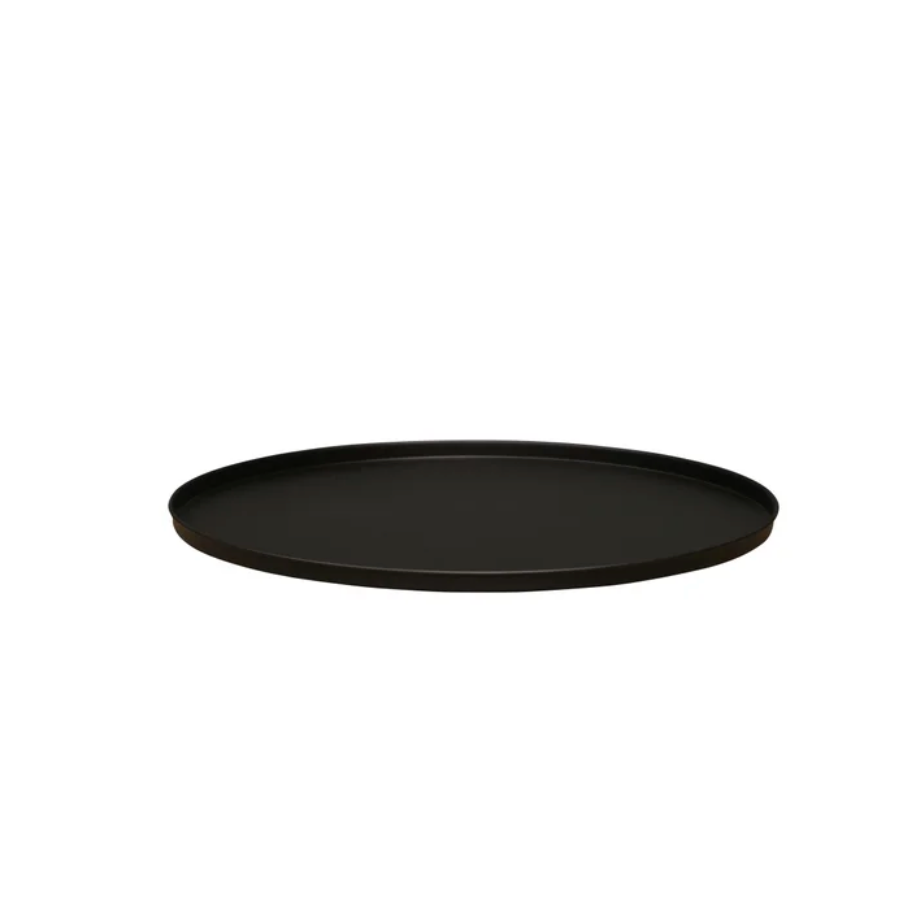 A round black tray with a shallow depth of profile, shown from a direct top-down perspective against a solid white background.