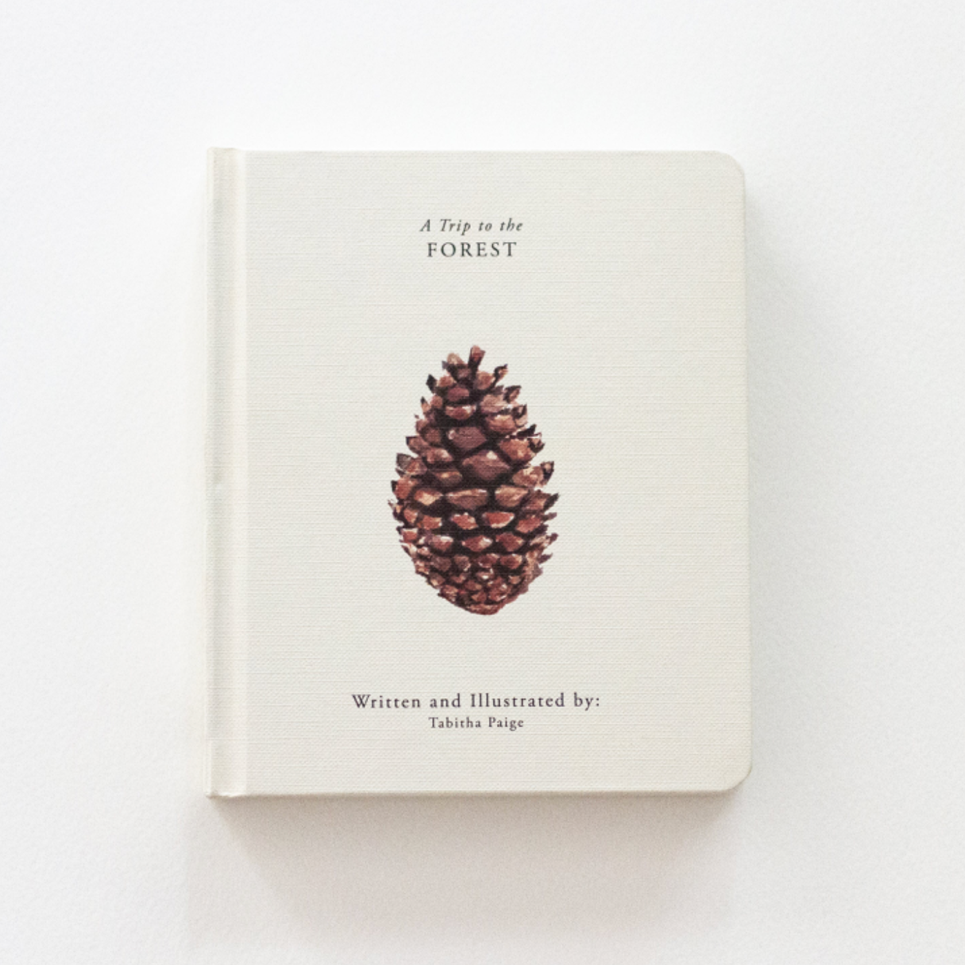 Book titled 'A Trip to the Forest' with a pine cone illustration on a white background