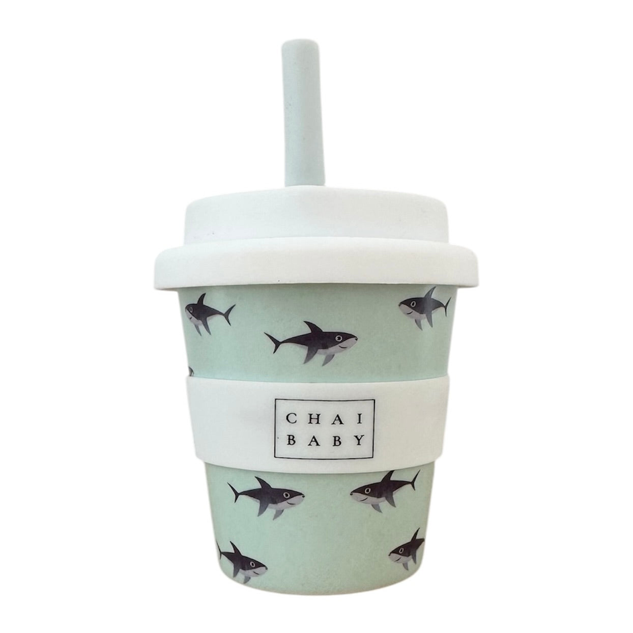 Children's cup with shark pattern and 'Chai Baby' branding on a white background