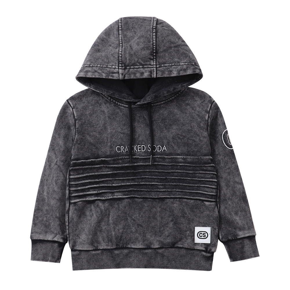 Black distressed hoodie with brand logos on a white background