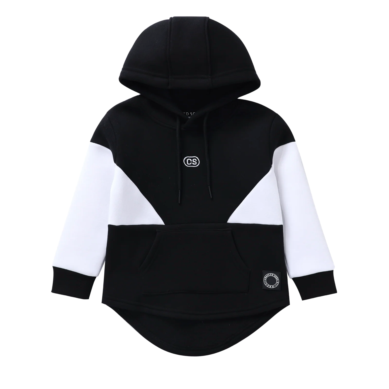 Black and white hoodie with brand logo on a white background