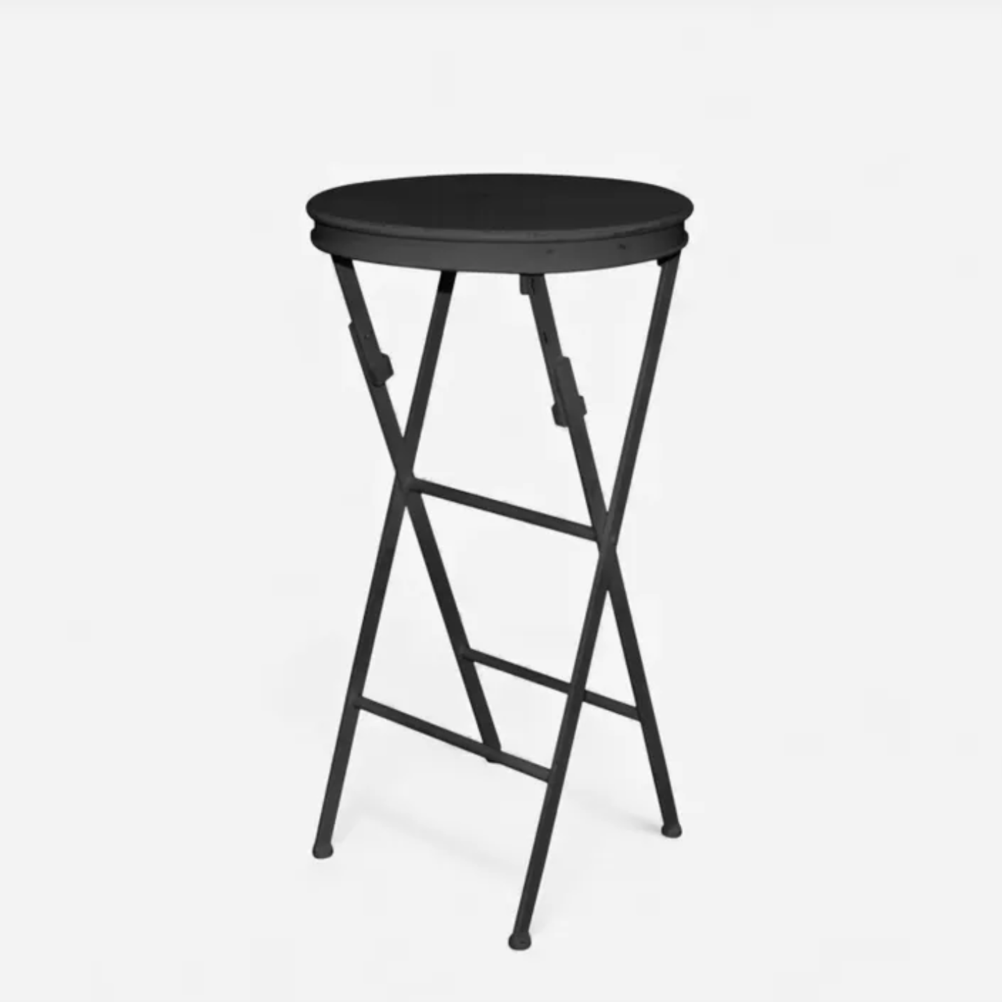 Black metal folding stool on a white background