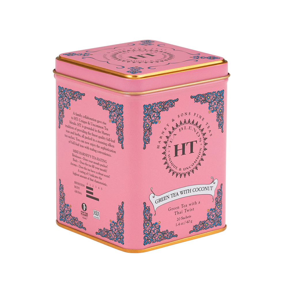 Green Tea and Coconut in a Pink tea tin with decorative elements and text on a white background