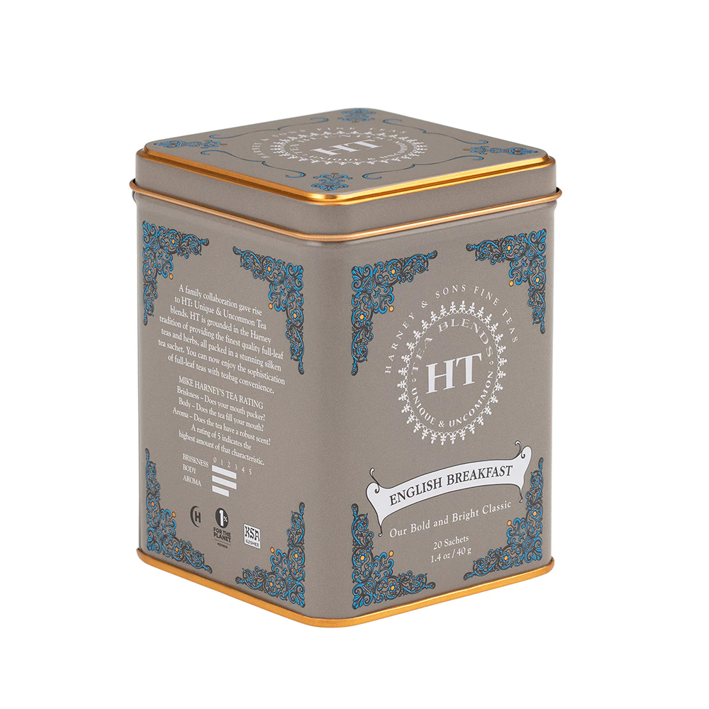 Tea tin with 'HT' branding on a white background
