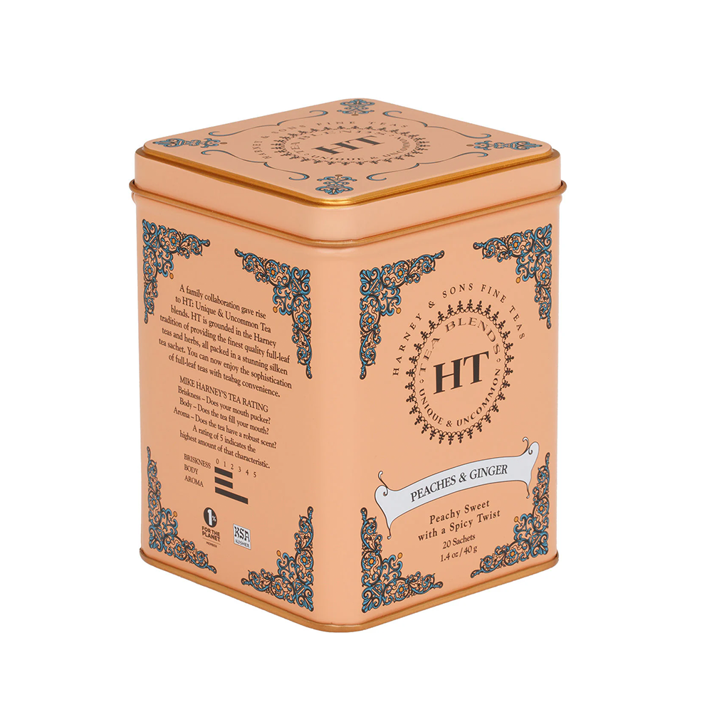 Decorative Peach and Ginger  tea tin with intricate designs and text on a white background