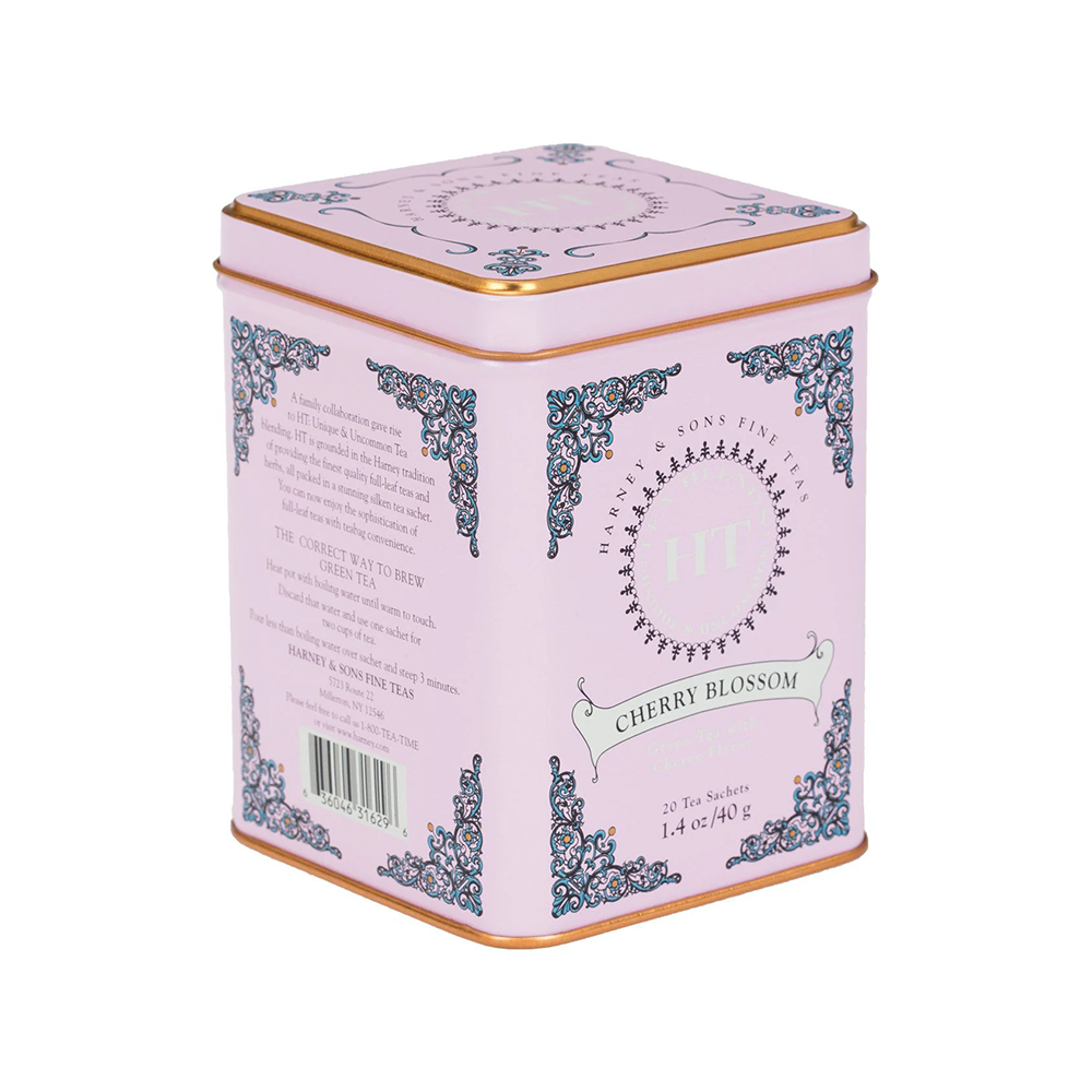Pink Cherry Blossom tea tin with decorative elements
