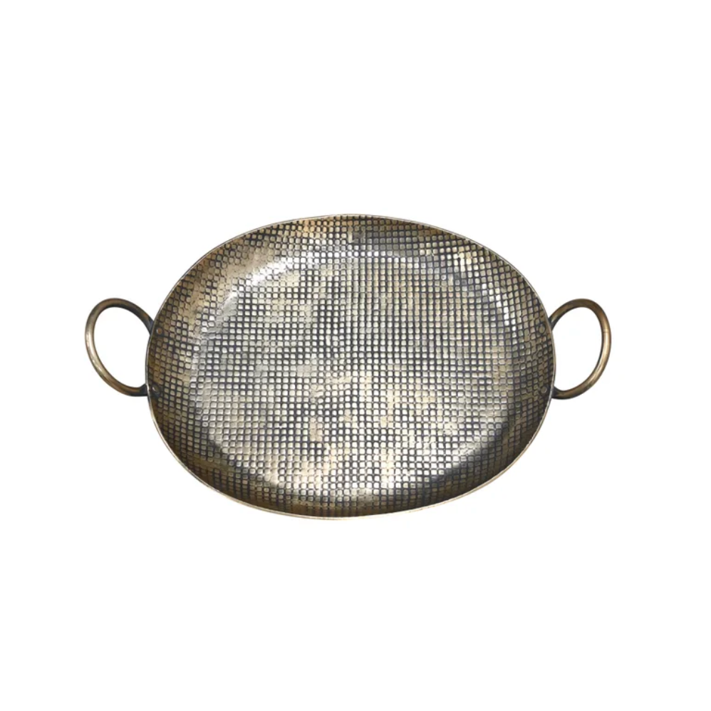An oval silver metal tray with two loop handles on a plain white background.