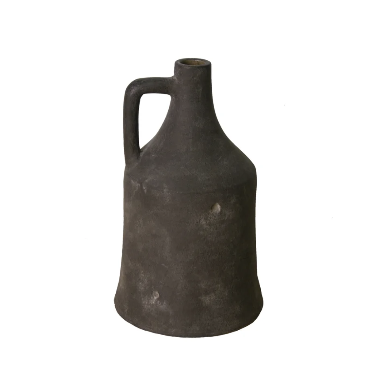 Black ceramic vase with a handle on a white background