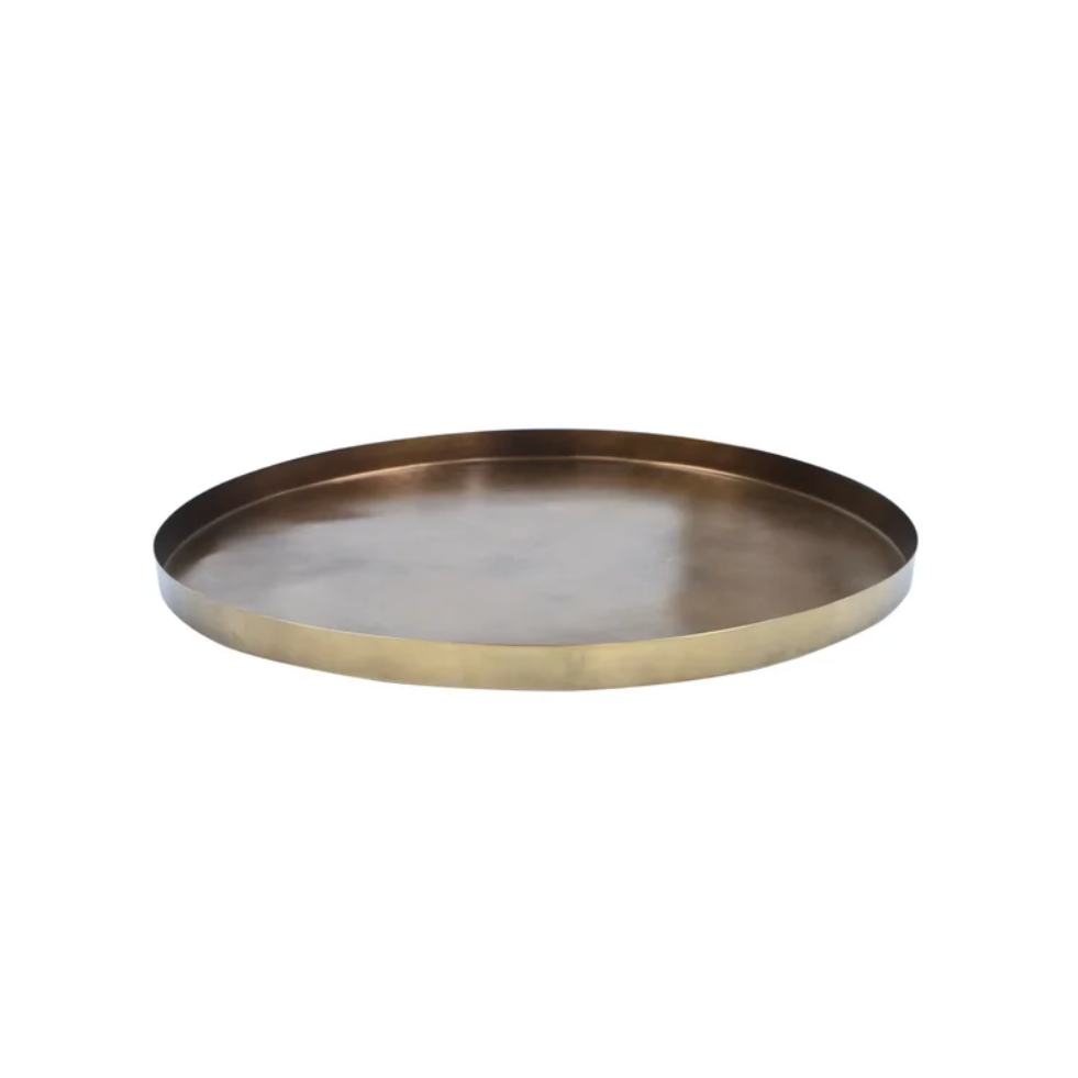 A round metal tray with a brushed metallic finish, featuring a slightly darker interior and a lighter, warmer-toned outer rim, shown on a plain white background.