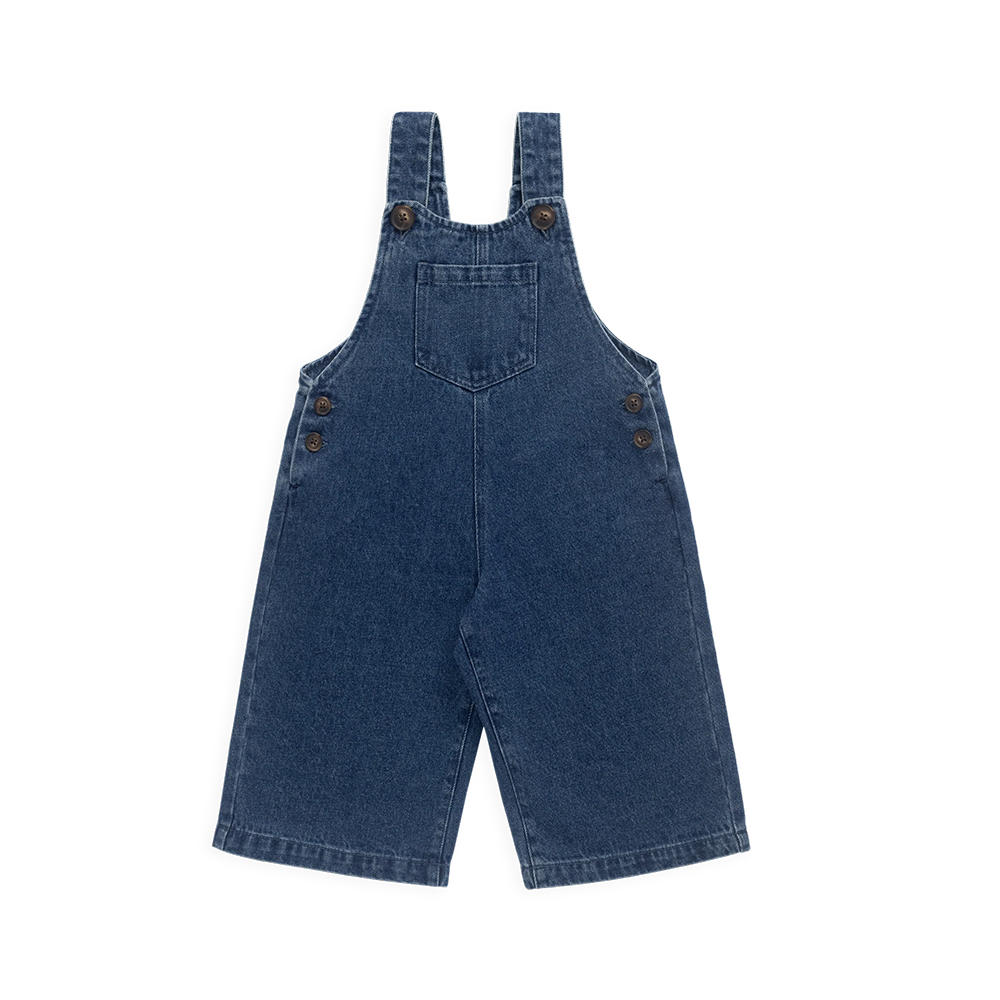 A pair of children's blue denim overall shorts with adjustable shoulder straps and button closures, shown flat against a plain white background.