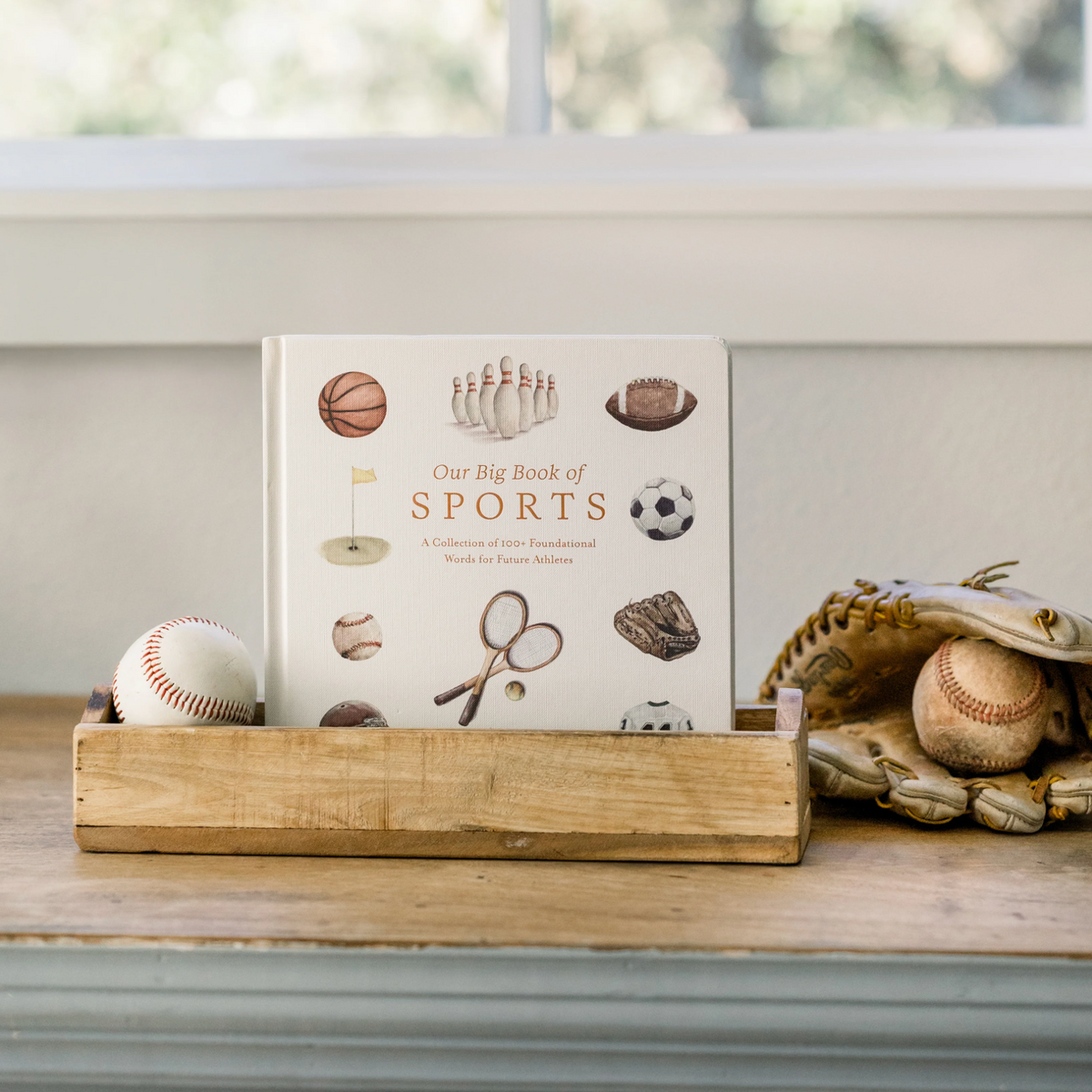 A hardcover book titled "Our Big Book of SPORTS" stands in a wooden tray on a tabletop, surrounded by baseballs and a leather glove in a bright indoor setting near a window.