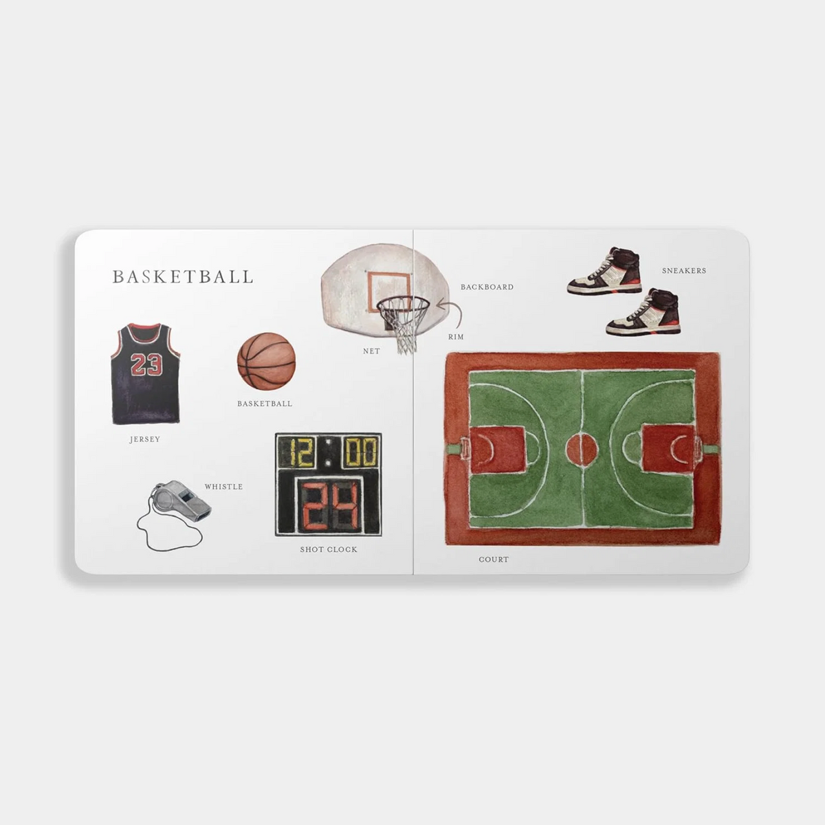 A flat-lay view of a rectangular printed card or booklet spread on a light gray background. The page contains illustrated basketball-themed labels and drawings, including a jersey, basketball, net, sneakers, whistle, shot clock, and court, with the heading BASKETBALL at the top.
