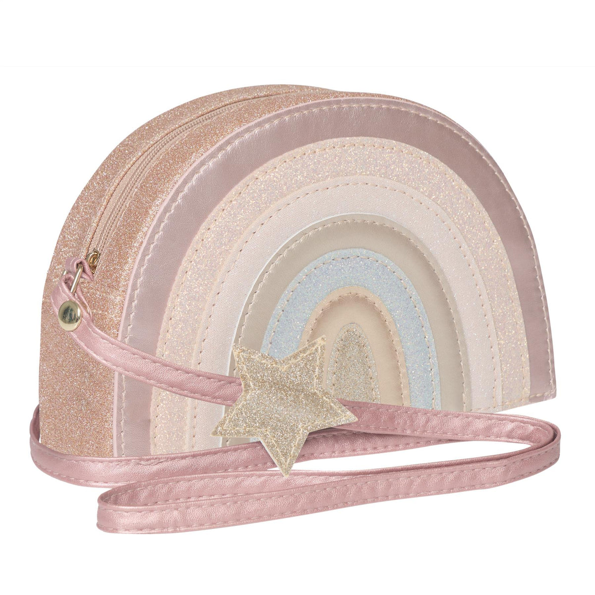 Pink rainbow-shaped pouch with a star on a white background