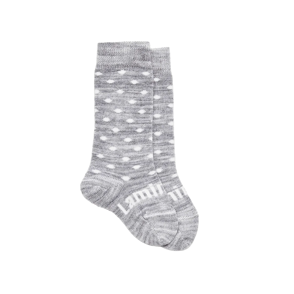 Gray socks with white polka dots on a white background