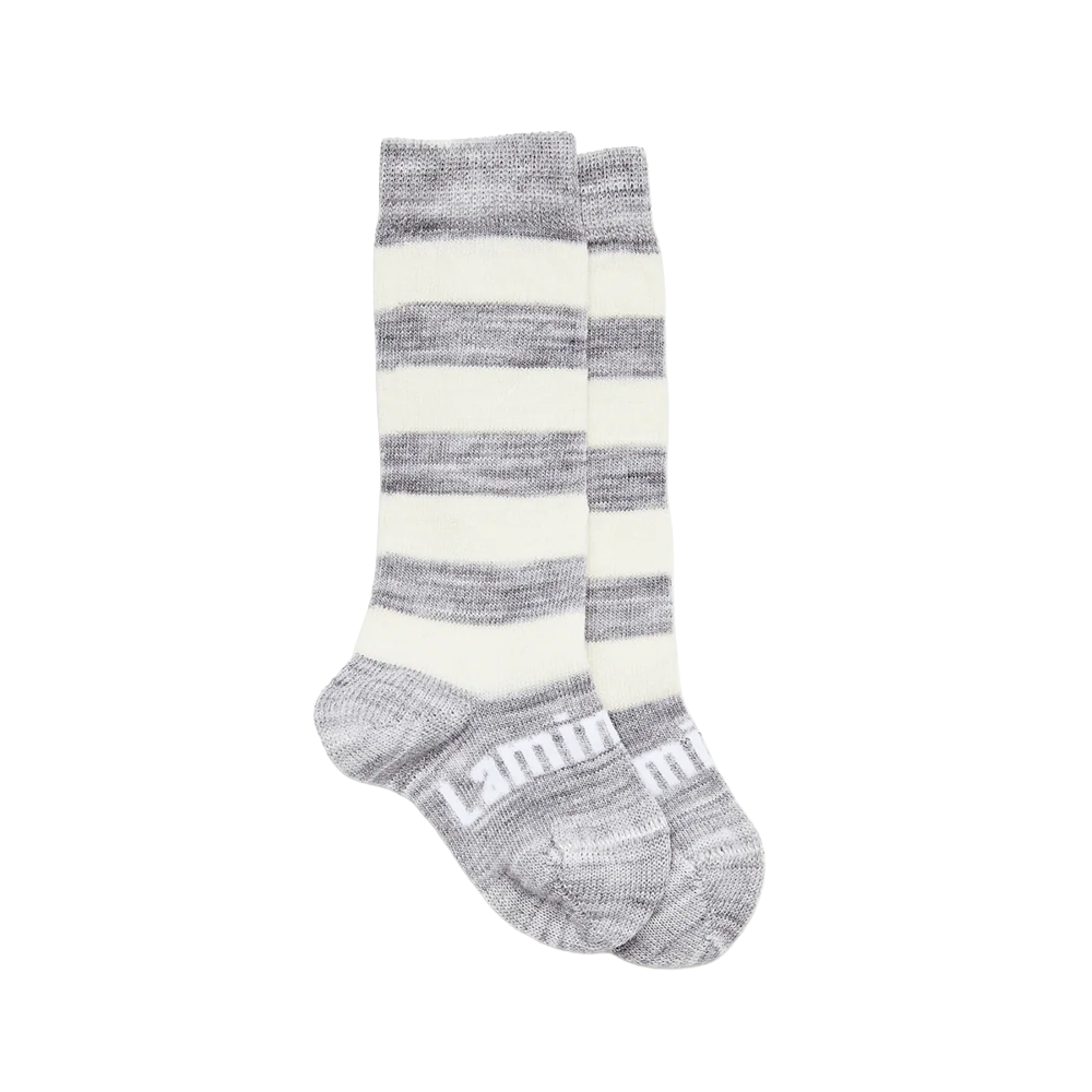 Pair of gray and white striped socks with 'Lamington' branding on a white background
