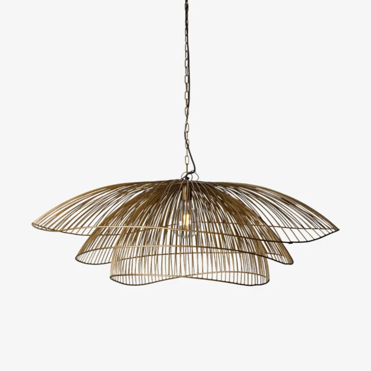 Decorative pendant light with a wicker-like design on a white background