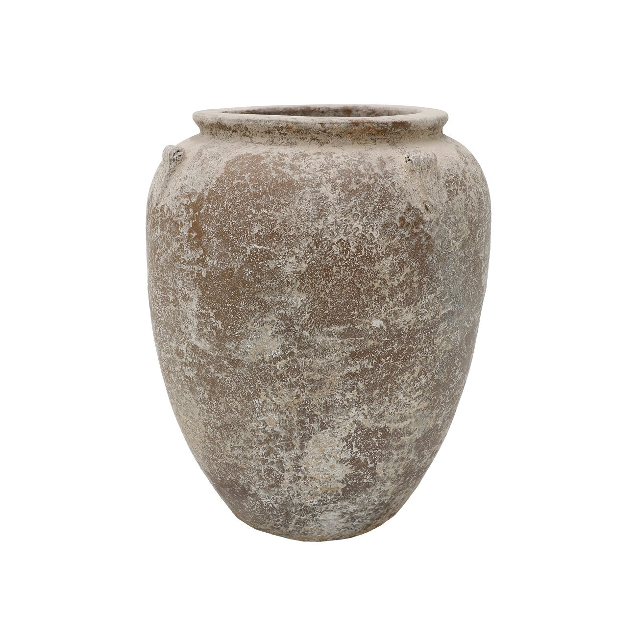 A rustic, textured ceramic planter pot with a distressed, weathered finish in earthy brown and beige tones, isolated on a white background.