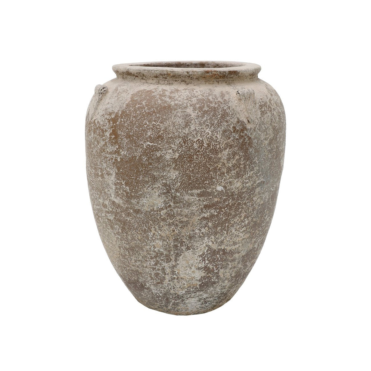 A rustic, textured ceramic planter pot with a distressed, weathered finish in earthy brown and beige tones, isolated on a white background.