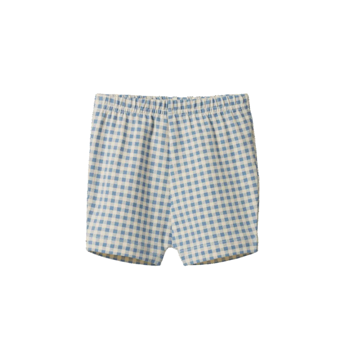 A pair of children's shorts featuring a light blue and beige gingham checkered pattern, displayed flat against a solid white background.