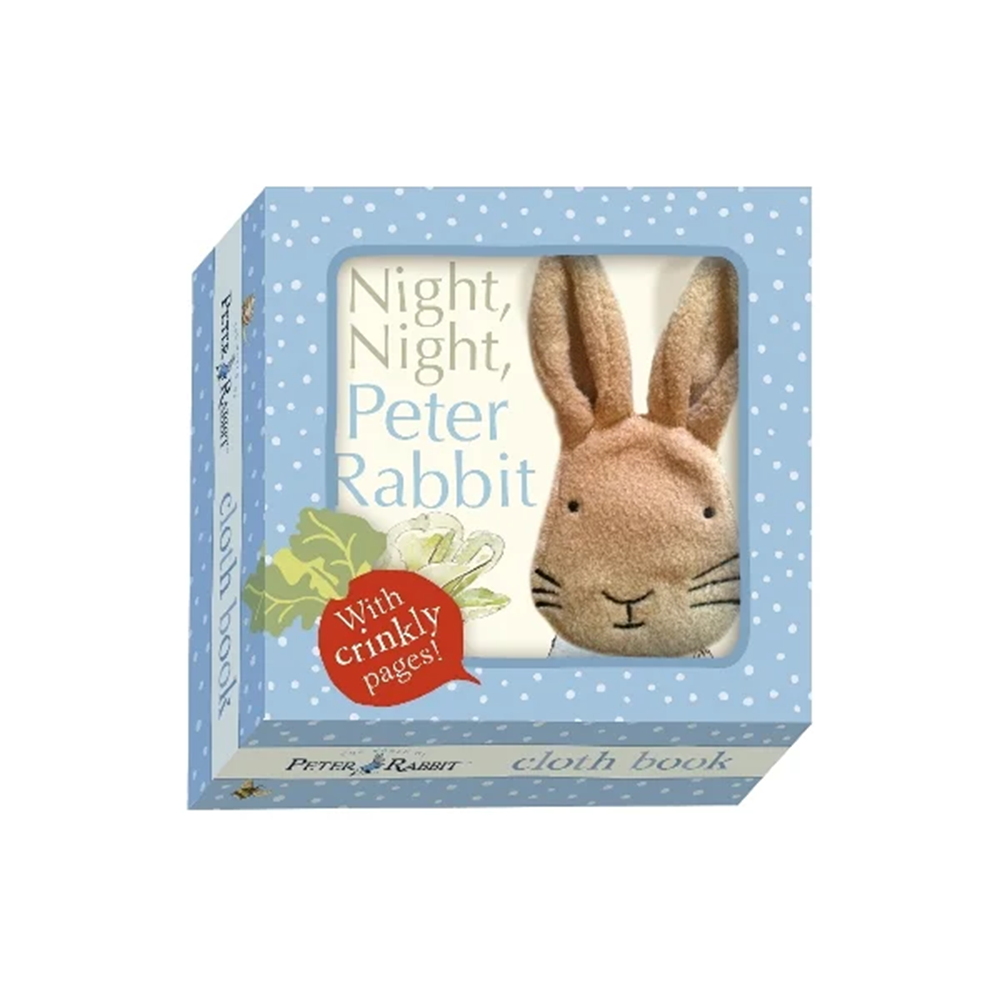 Children's book titled 'Night, Night, Peter Rabbit' with a plush rabbit toy on a white background