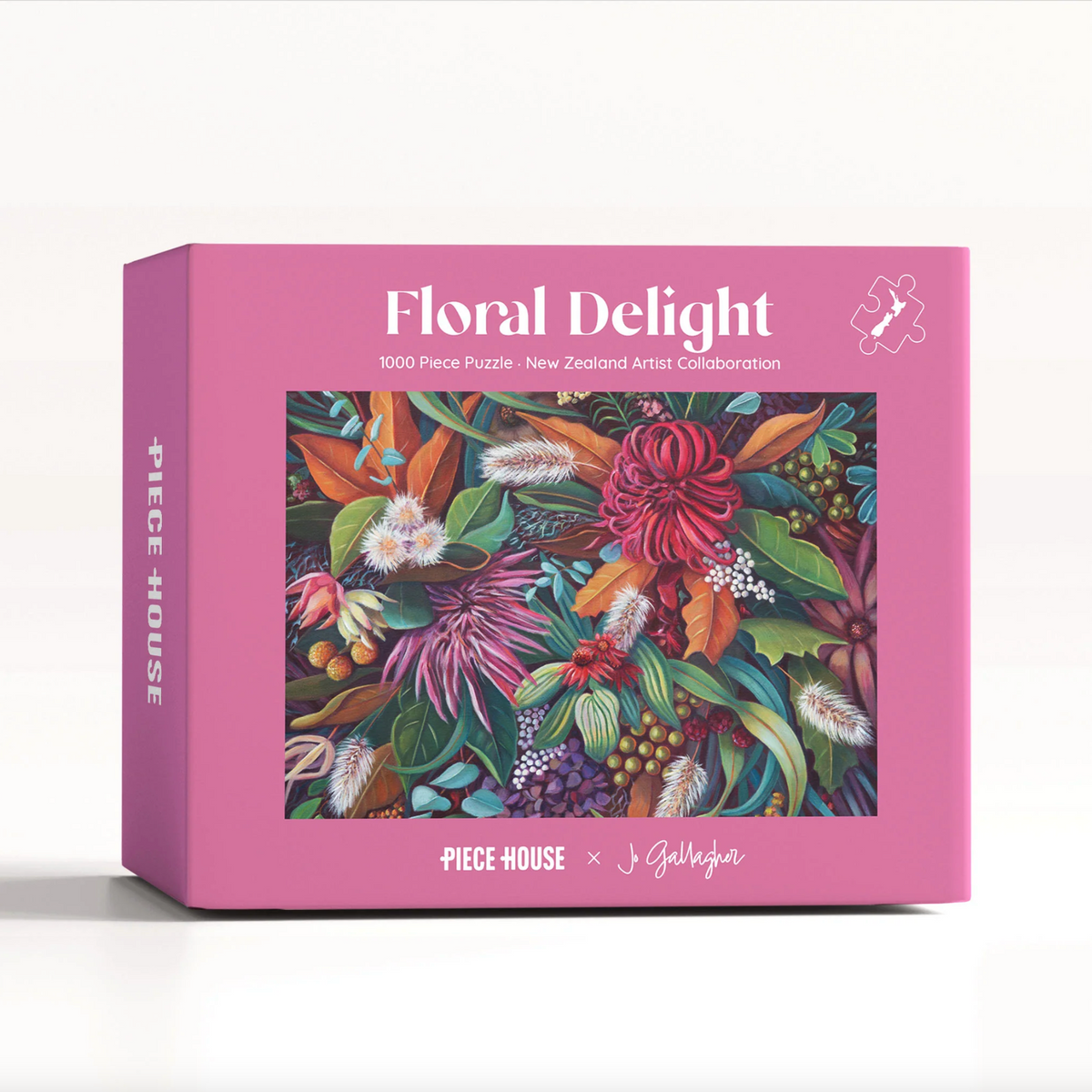 A pink 1000-piece jigsaw puzzle box titled 'Floral Delight' featuring a colorful floral illustration on the front. The box is branded 'Piece House' and 'J.