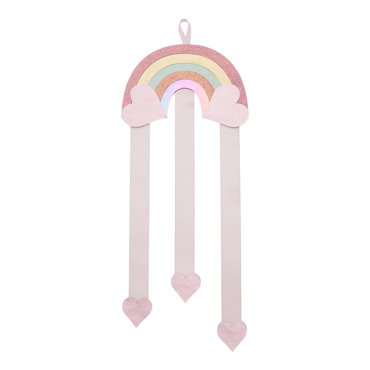 Decorative wall hanging with a rainbow and heart shapes on a white background