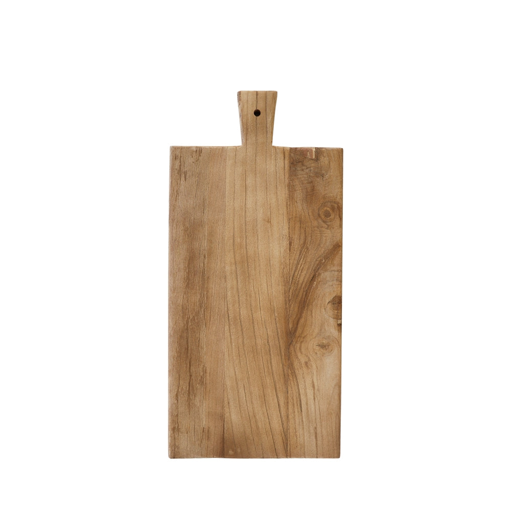 Wooden cutting board with handle on a white background