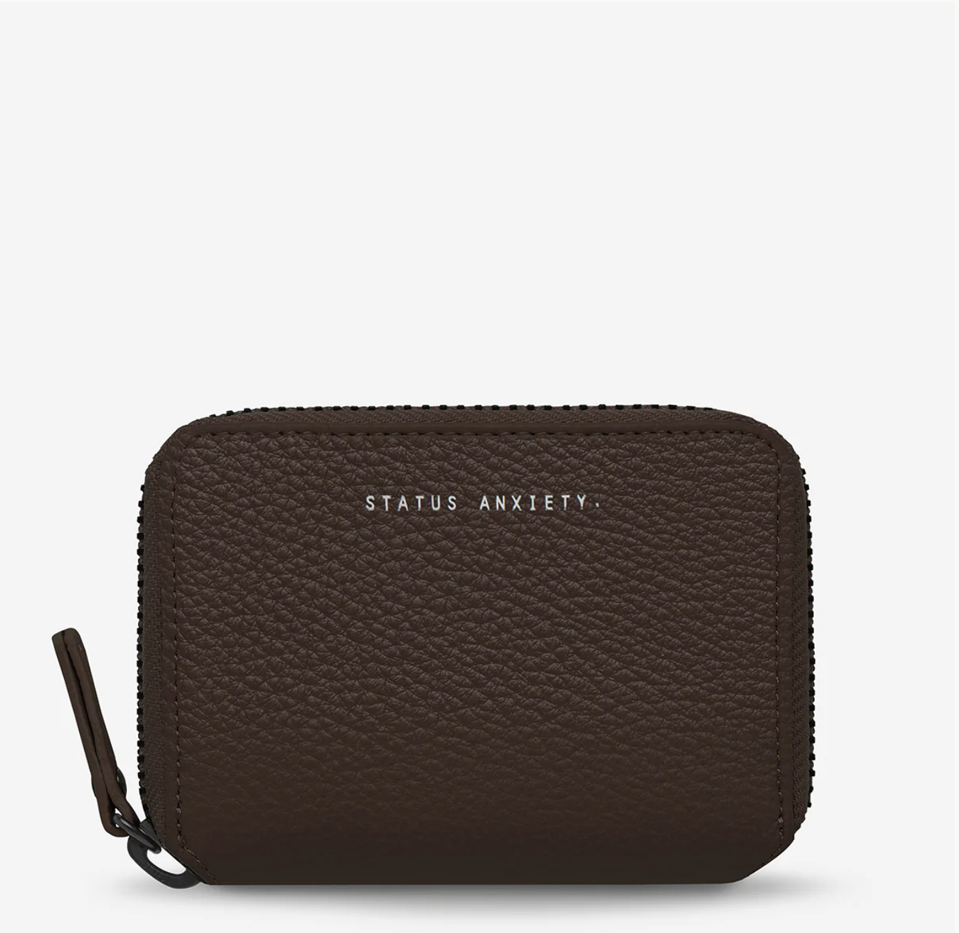 Black wallet with 'STATUS ANXIETY' branding on a white background