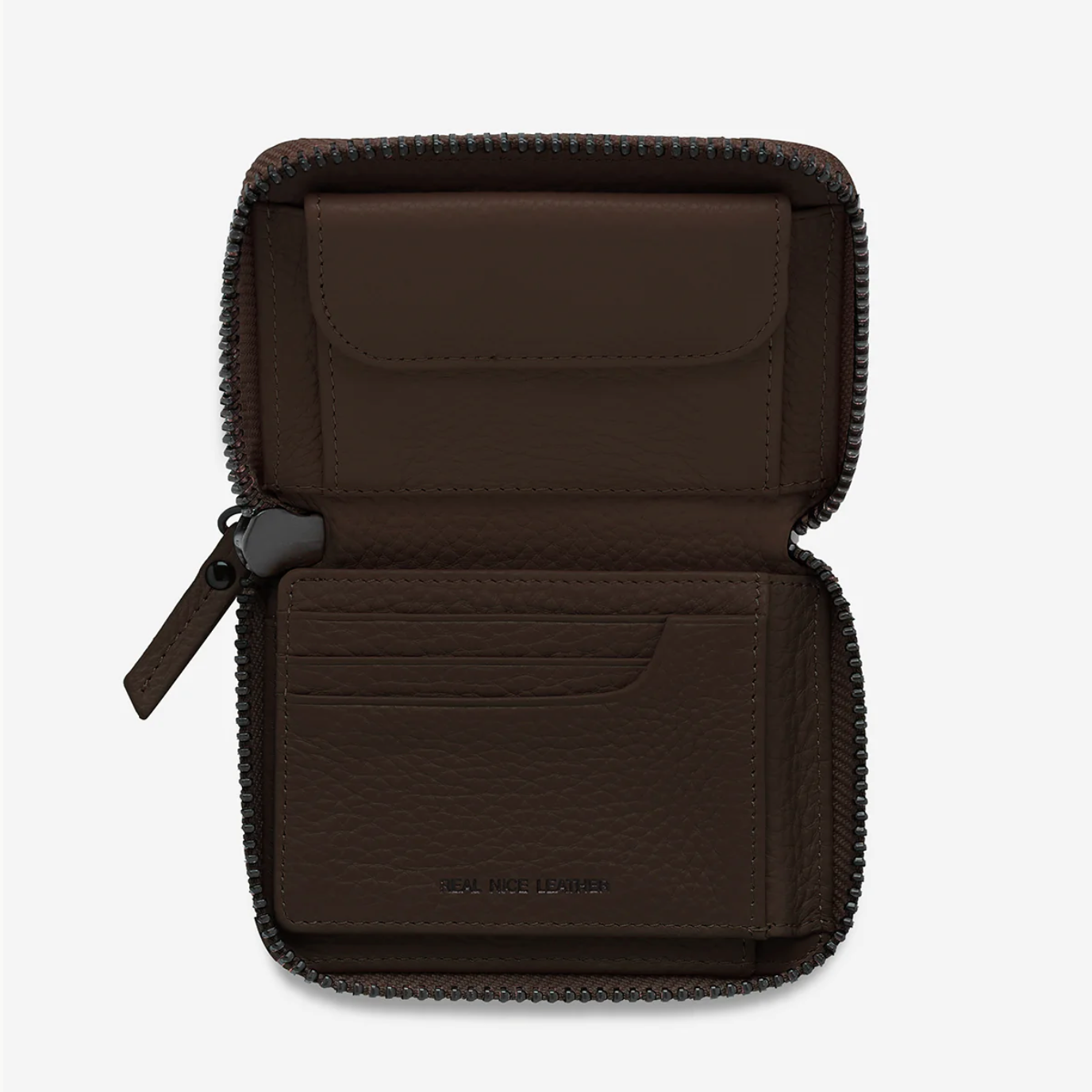 Brown leather wallet with zipper on a white background