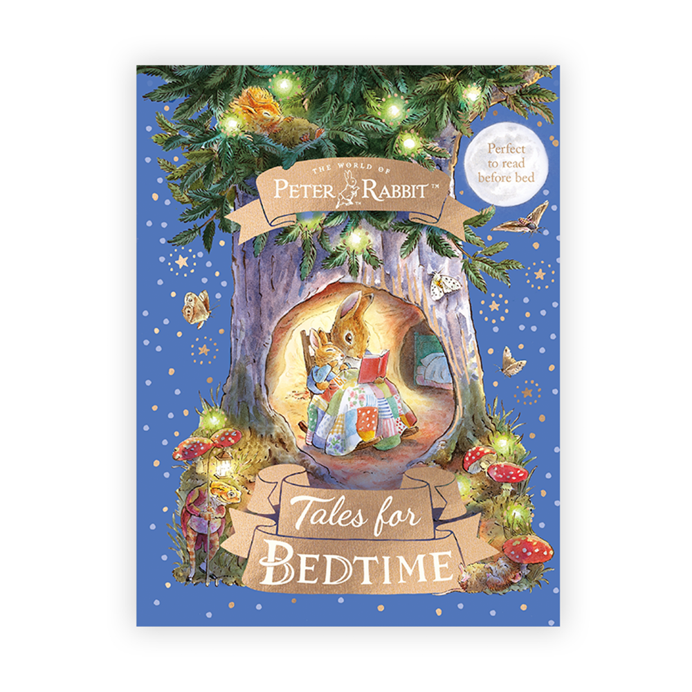 Book cover of 'Tales for Bedtime' featuring Peter Rabbit and friends under a tree with lights.