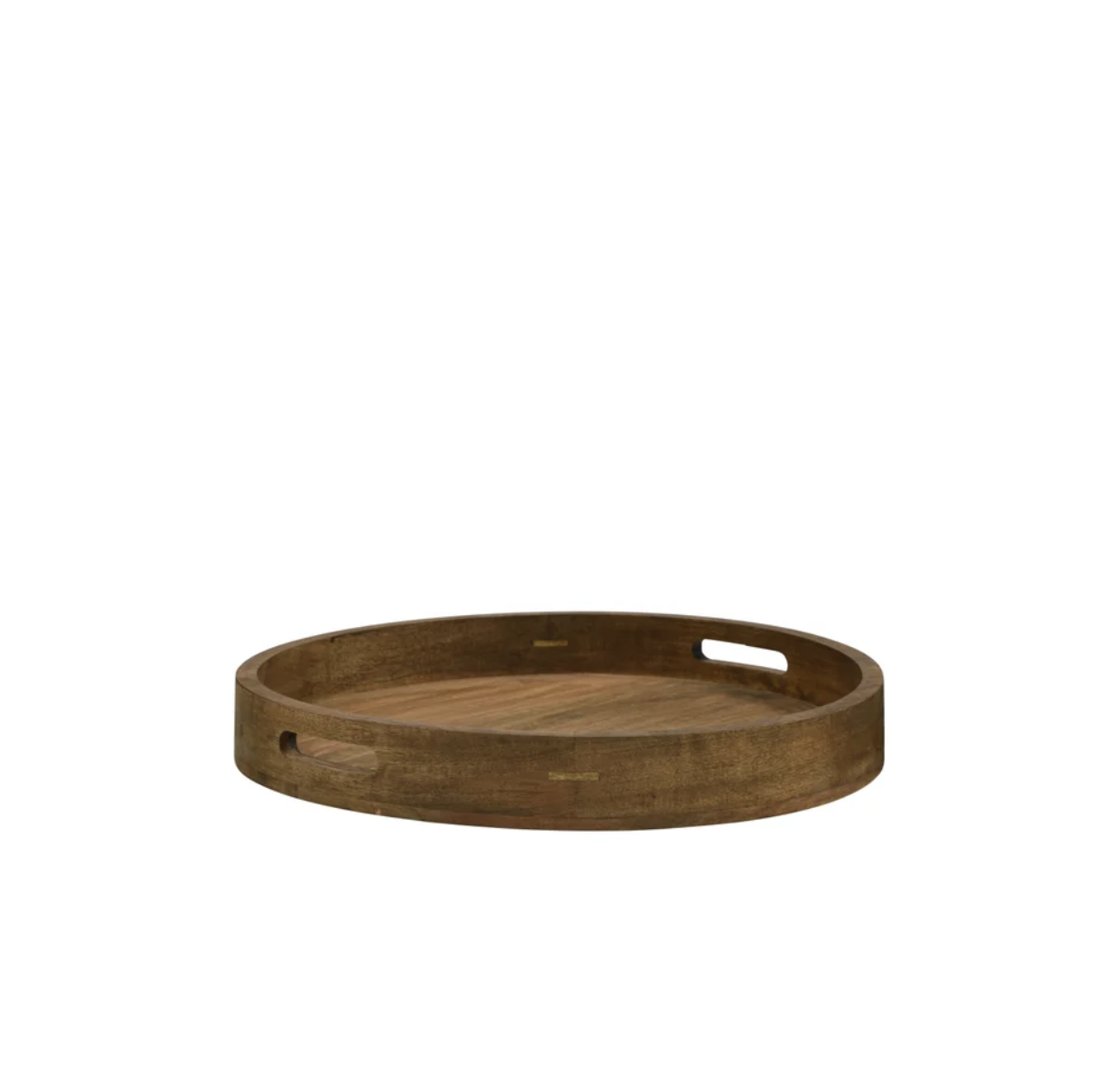 A round wooden serving tray with integrated handles on the rim, shown from a side angle against a plain white background.