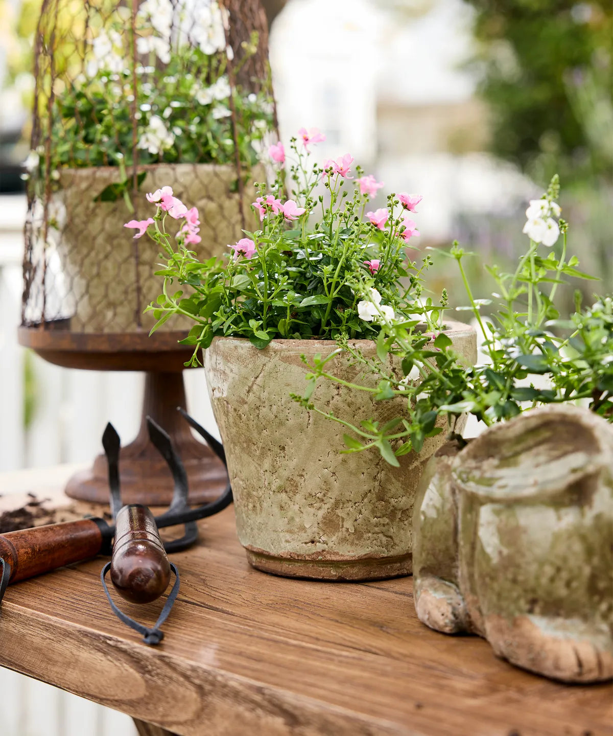 A rustic beige textured ceramic planter filled with green foliage and pink and white flowers, displayed on a wooden table alongside gardening tools and a glass jar.